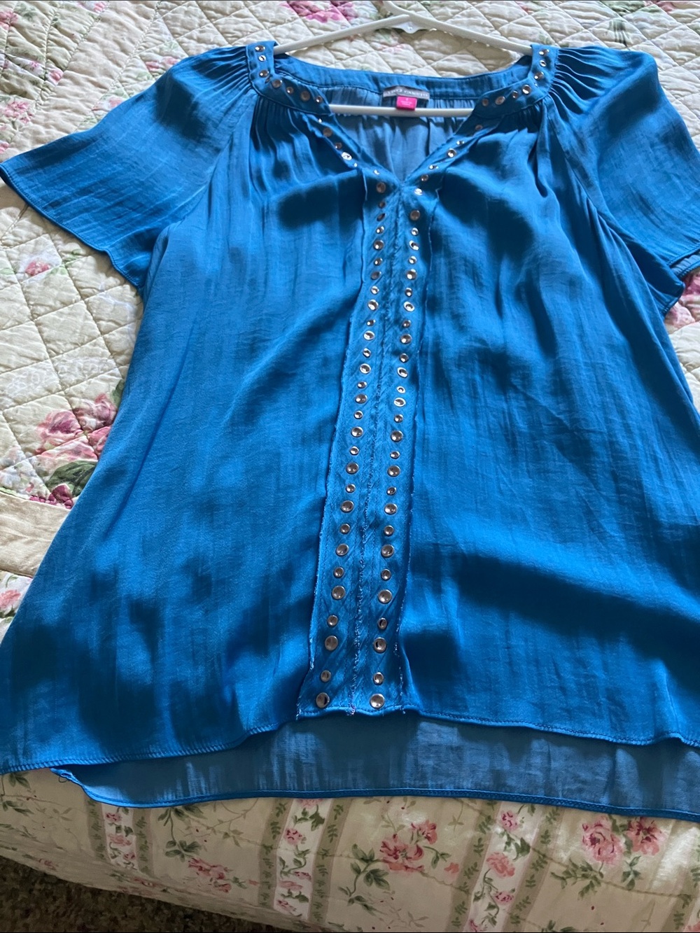 Vince Camuto Teal Blue Short-Sleeve Studded Blouse